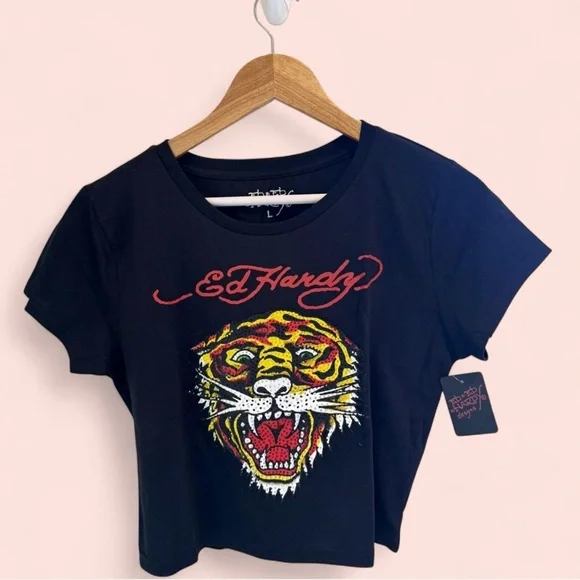 Ed Hardy Black Tee with Fierce Tiger Design - Picture 1 of 2